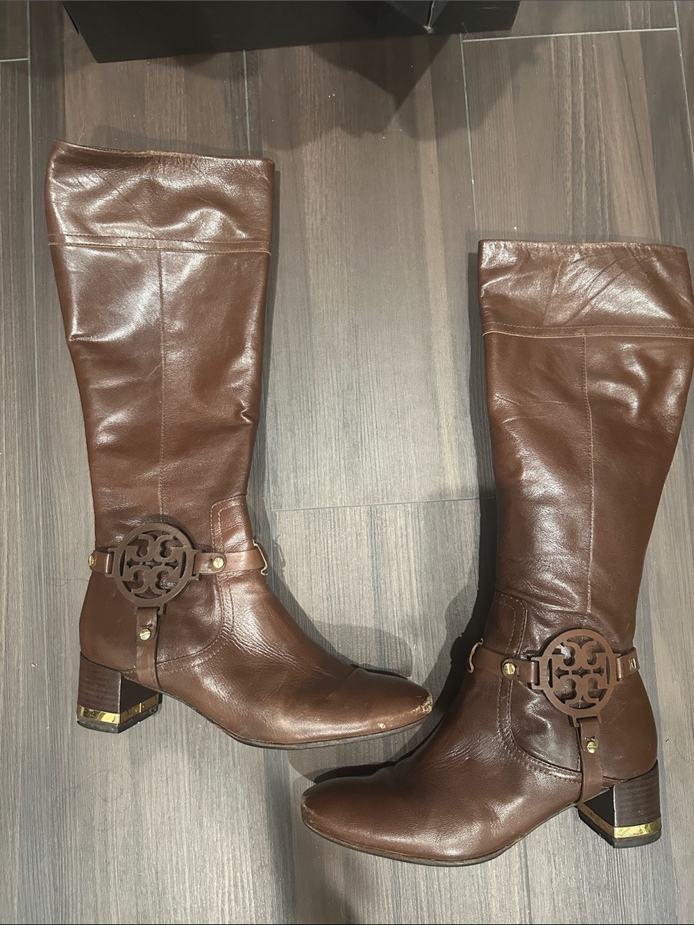 Tory Burch Brown Leather Knee-High Boots with Logo Medallion